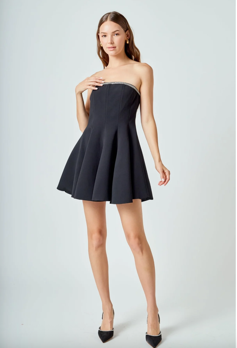 JEWEL TRIM FLOUNCED MINI DRESS IN BLACK
