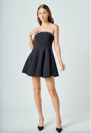 JEWEL TRIM FLOUNCED MINI DRESS IN BLACK