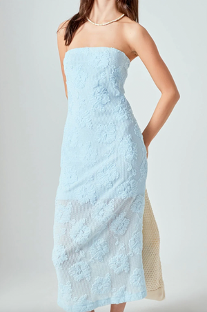 MESH EMBROIDERED MIDI STRAPLESS DRESS IN POWDER BLUE