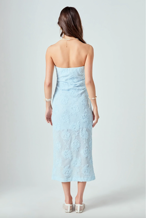 MESH EMBROIDERED MIDI STRAPLESS DRESS IN POWDER BLUE