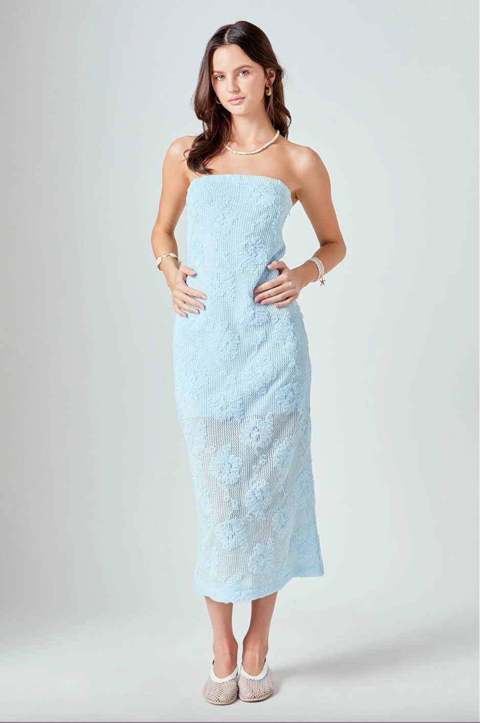 MESH EMBROIDERED MIDI STRAPLESS DRESS IN POWDER BLUE