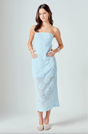 MESH EMBROIDERED MIDI STRAPLESS DRESS IN POWDER BLUE