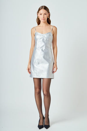 METALLIC PU MINI DRESS IN SILVER