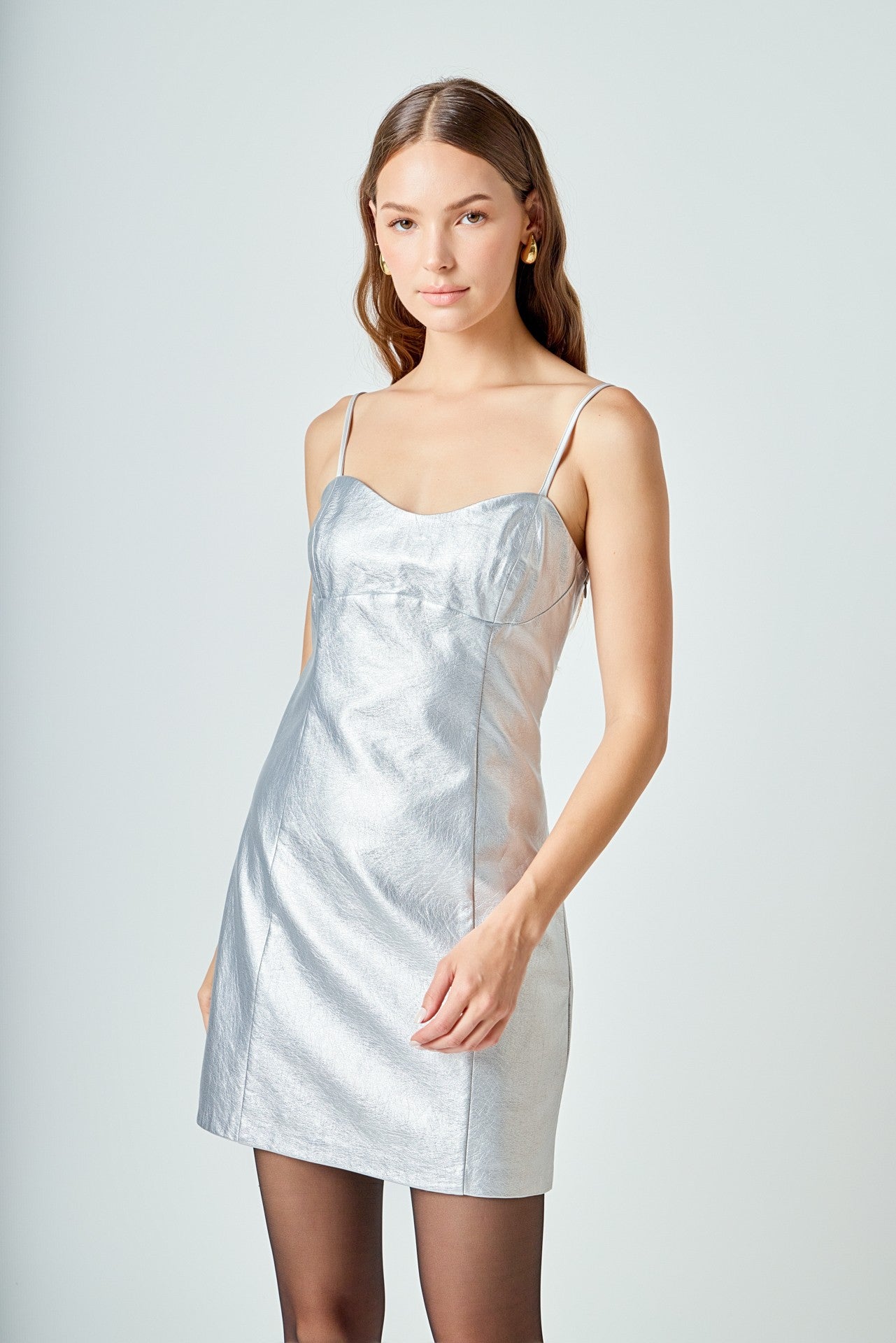 METALLIC PU MINI DRESS IN SILVER