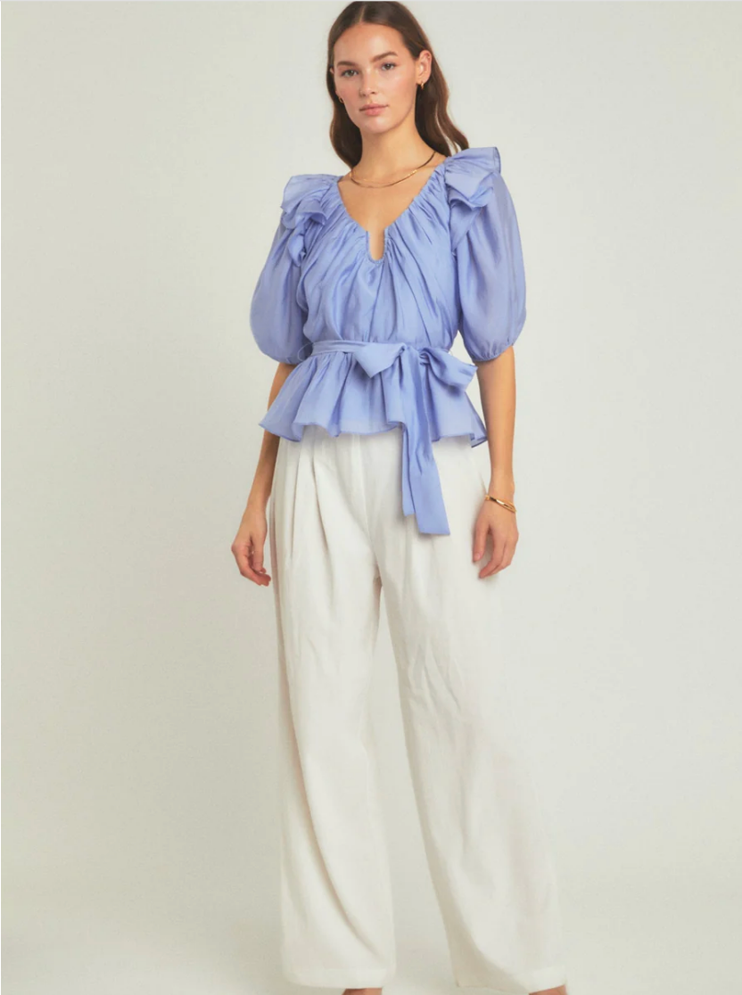 U-PLUNGE PUFF SLEEVE PEPLUM TOP IN POWDER BLUE