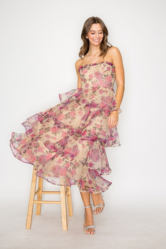 HALLE TIERED FLORAL MIDI DRESS IN MAUVE