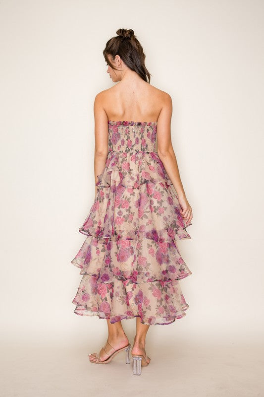 HALLE TIERED FLORAL MIDI DRESS IN MAUVE