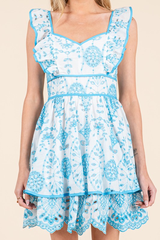 EMBROIDERY HEART NECKLINE MINI DRESS IN BLUE