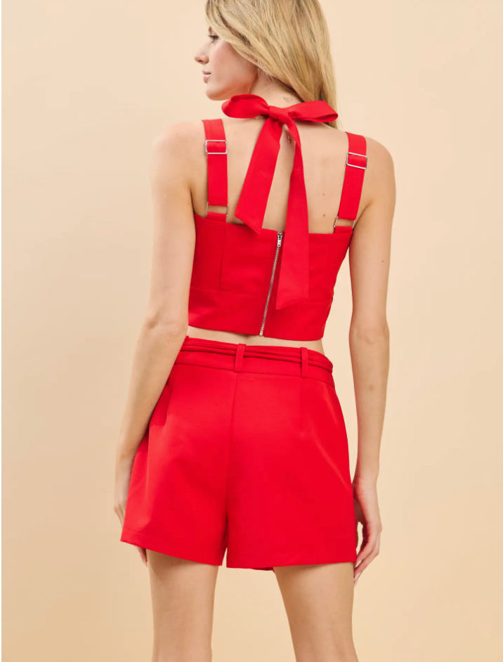 MULTI STRAP FRONT KEYHOLE TOP WITH SHORTS IN RED