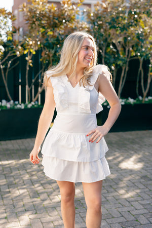 SAVANNAH RUFFLE TIERED MINI DRESS IN WHITE