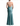 Teal evening gown with open back on a white background