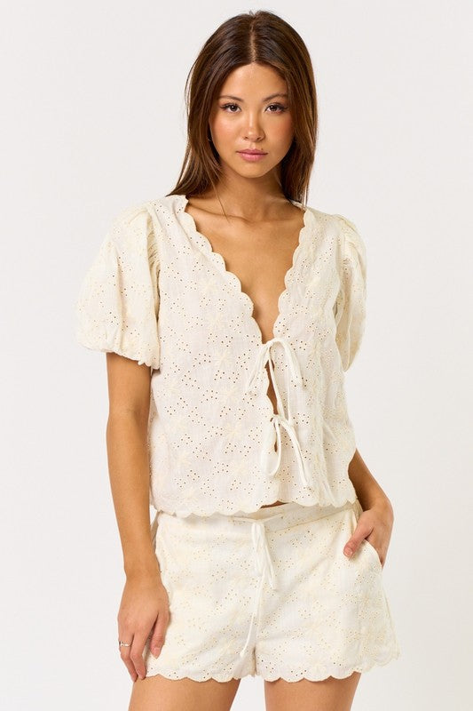 LINEN EYELET TIE FRONT TOP WITH MATCHING SHORTS IN CREAM
