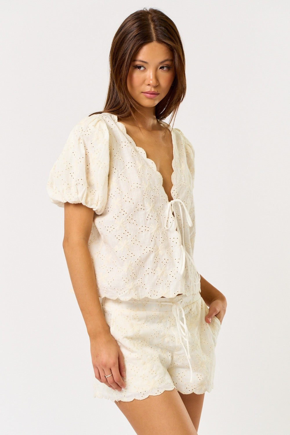 LINEN EYELET TIE FRONT TOP WITH MATCHING SHORTS IN CREAM