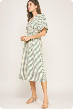 PLAID ELASTIC WAIST MIDI DRESS IN OATMEAL EMERALD