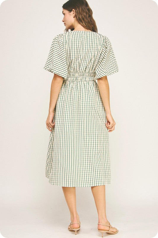 PLAID ELASTIC WAIST MIDI DRESS IN OATMEAL EMERALD
