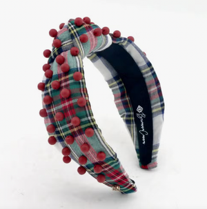 PLAID HEADBAND WITH RED BEADS IN WHITE TARTAN
