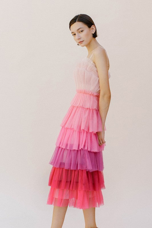ELLA TIERED MIDI DRESS IN PINK