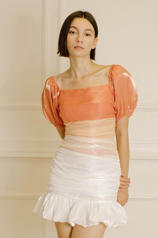 STELLA RUCHED MINI DRESS IN PEACH