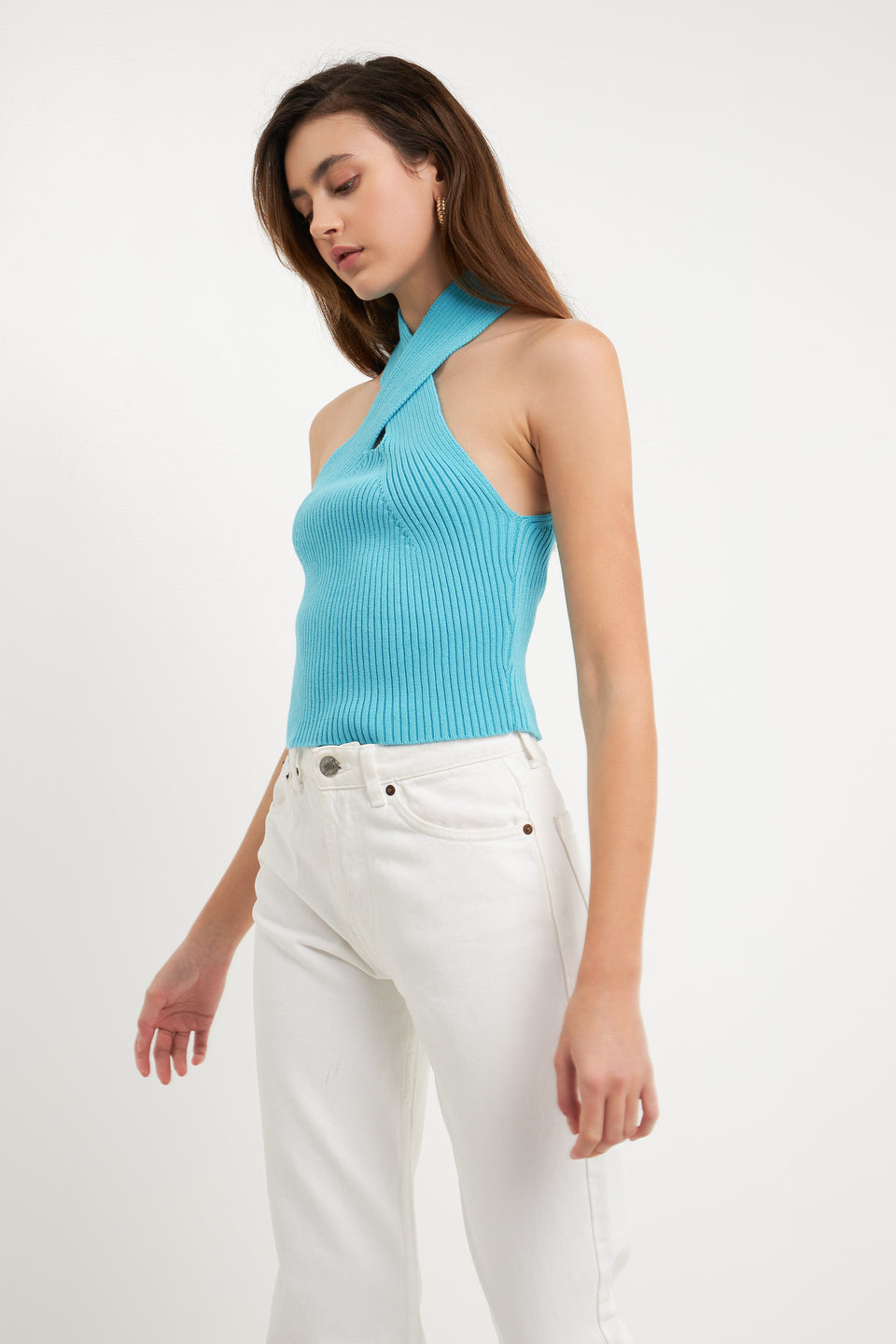 LANE CROSS HALTER TOP IN AQUA