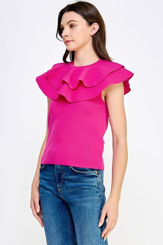 DEXTER DOUBLE RUFFLE KNIT TOP IN FUCHSIA