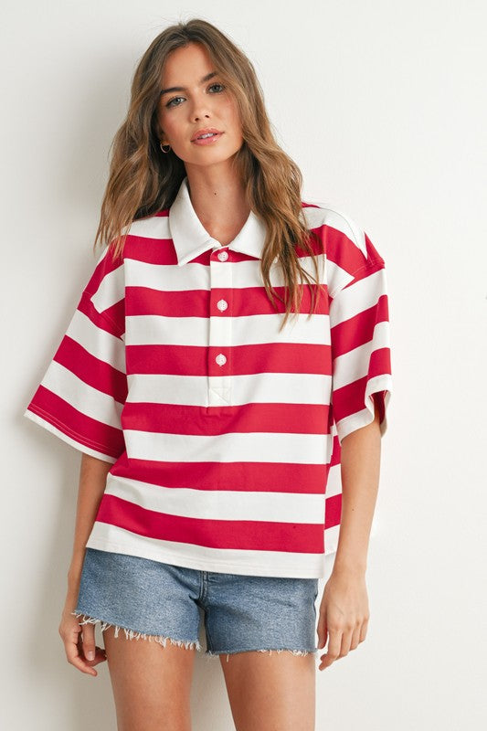 STRIPED OVERSIZED POLO SHIRT IN IVORY RED