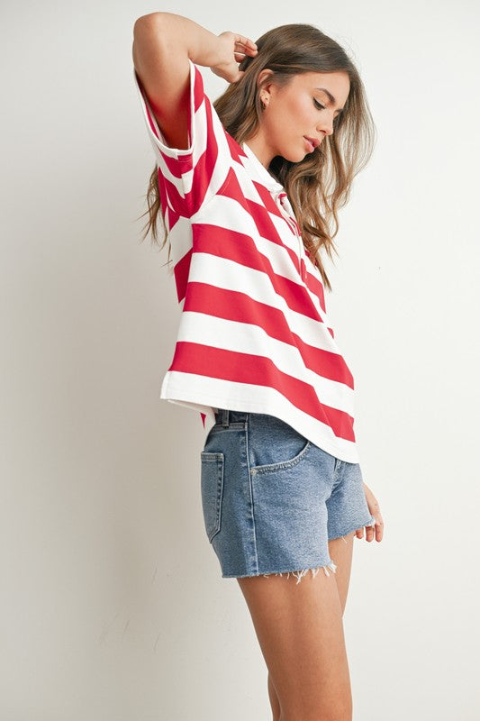 STRIPED OVERSIZED POLO SHIRT IN IVORY RED