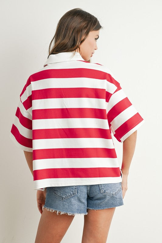 STRIPED OVERSIZED POLO SHIRT IN IVORY RED
