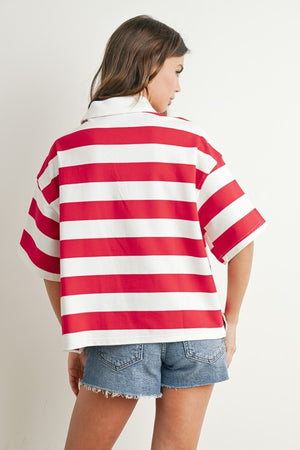 STRIPED OVERSIZED POLO SHIRT IN IVORY RED