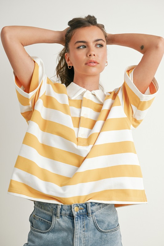 STRIPED OVERSIZED POLO SHIRT IN MUSTARD