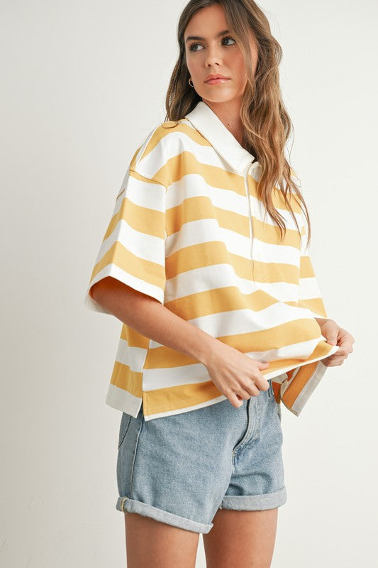 STRIPED OVERSIZED POLO SHIRT IN MUSTARD