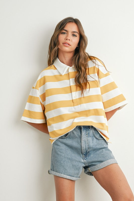 STRIPED OVERSIZED POLO SHIRT IN MUSTARD