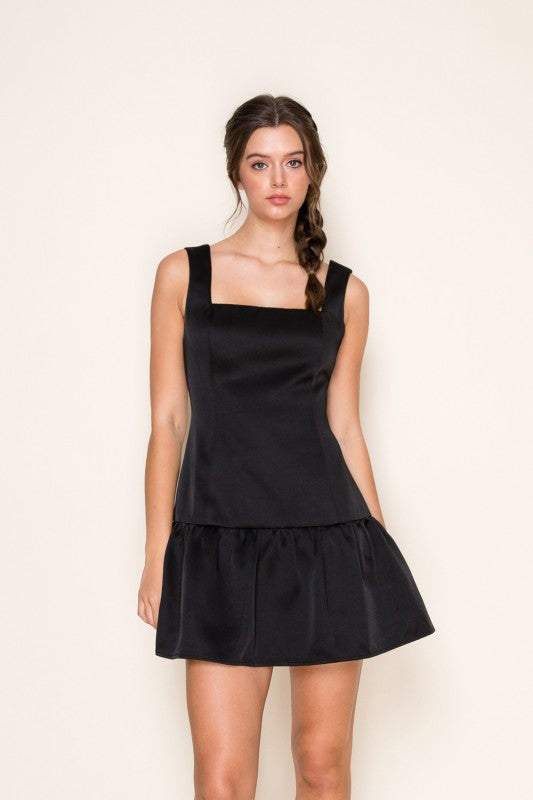 LOW WAIST LUXURIOUS SATIN MINI DRESS IN BLACK