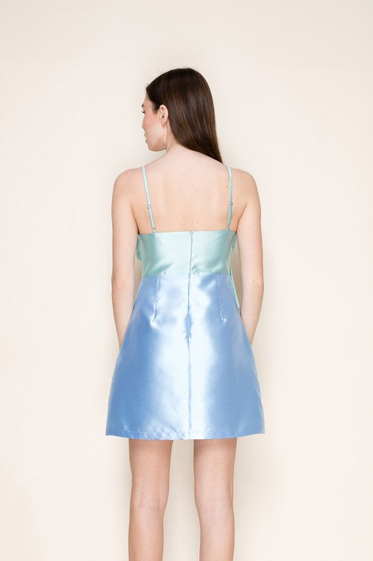 TWO TONE TAFFETA FRONT BOW MINI DRESS