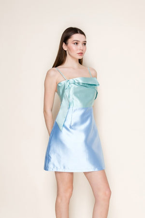 TWO TONE TAFFETA FRONT BOW MINI DRESS
