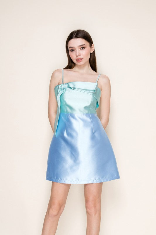 TWO TONE TAFFETA FRONT BOW MINI DRESS