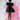 Model wearing a dark textured dress with puff sleeves against a colorful abstract background