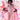 Woman wearing a pink dress with puff sleeves against a colorful abstract background