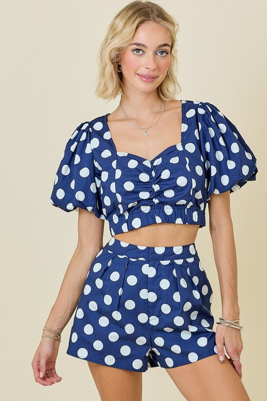 CROPPED POLKA DOT BUBBLE SLEEVE SET IN NAVY