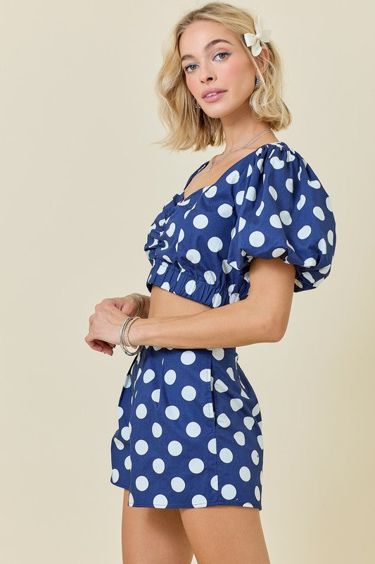 CROPPED POLKA DOT BUBBLE SLEEVE SET IN NAVY