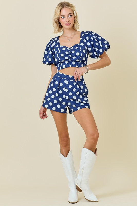 CROPPED POLKA DOT BUBBLE SLEEVE SET IN NAVY