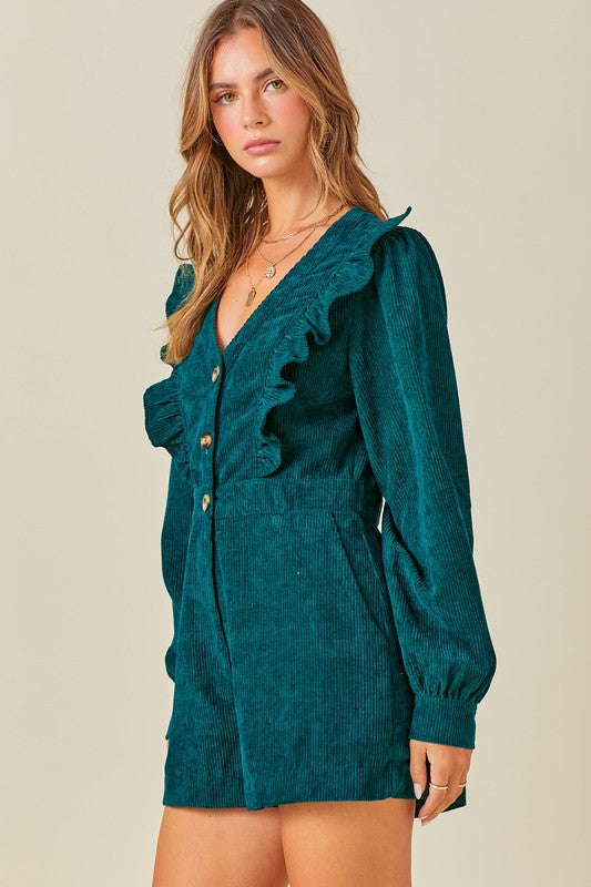 DONNA CORDUROY ROMPER IN TEAL GREEN