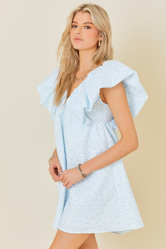 EMMY JACQUARD MINI DRESS IN LIGHT BLUE