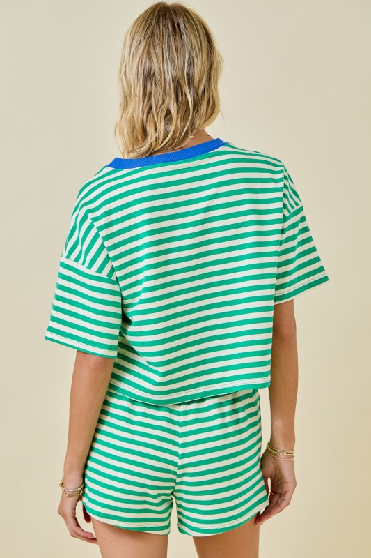 GREEN AND BLUE STRIPED TEE AND SHORT SET
