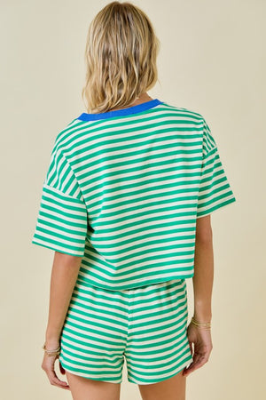GREEN AND BLUE STRIPED TEE AND SHORT SET