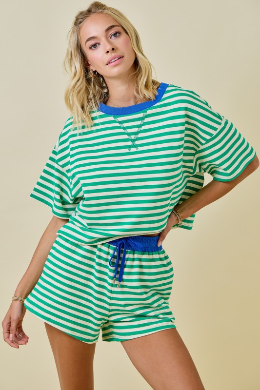 GREEN AND BLUE STRIPED TEE AND SHORT SET