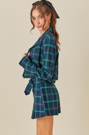 JANET PLAID CROPPED BLAZER IN GREEN CHECK