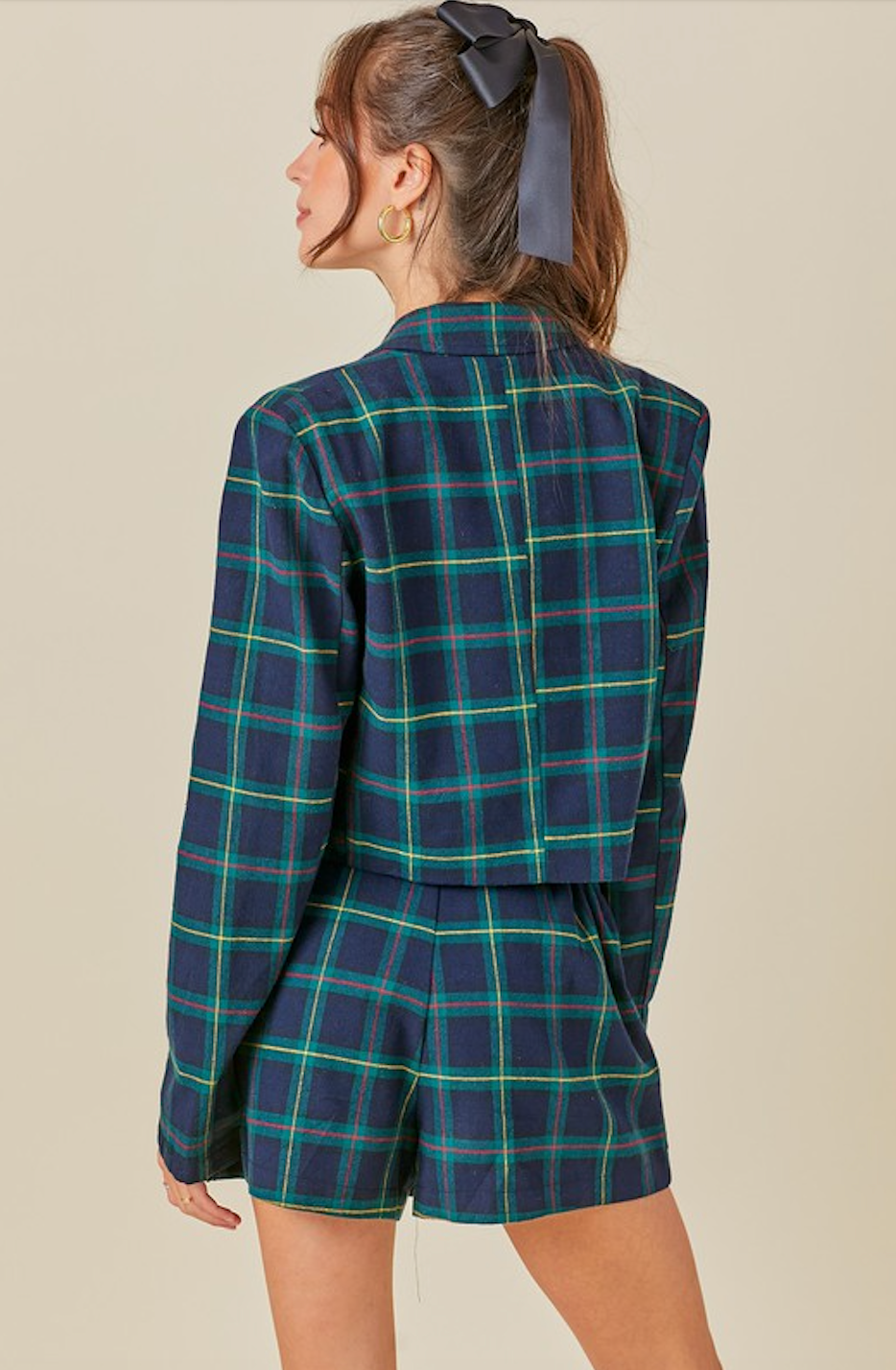 JANET PLAID CROPPED BLAZER IN GREEN CHECK