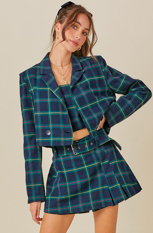 JANET PLAID CROPPED BLAZER IN GREEN CHECK