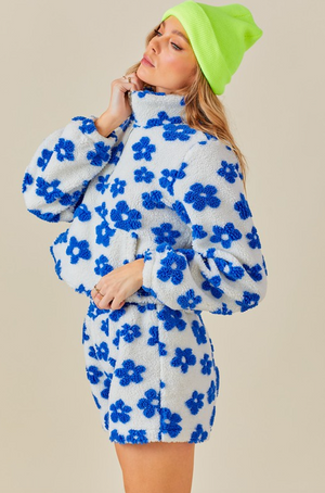 JOYCE HALF ZIP CROPPED SHERPA TOP IN BLUE