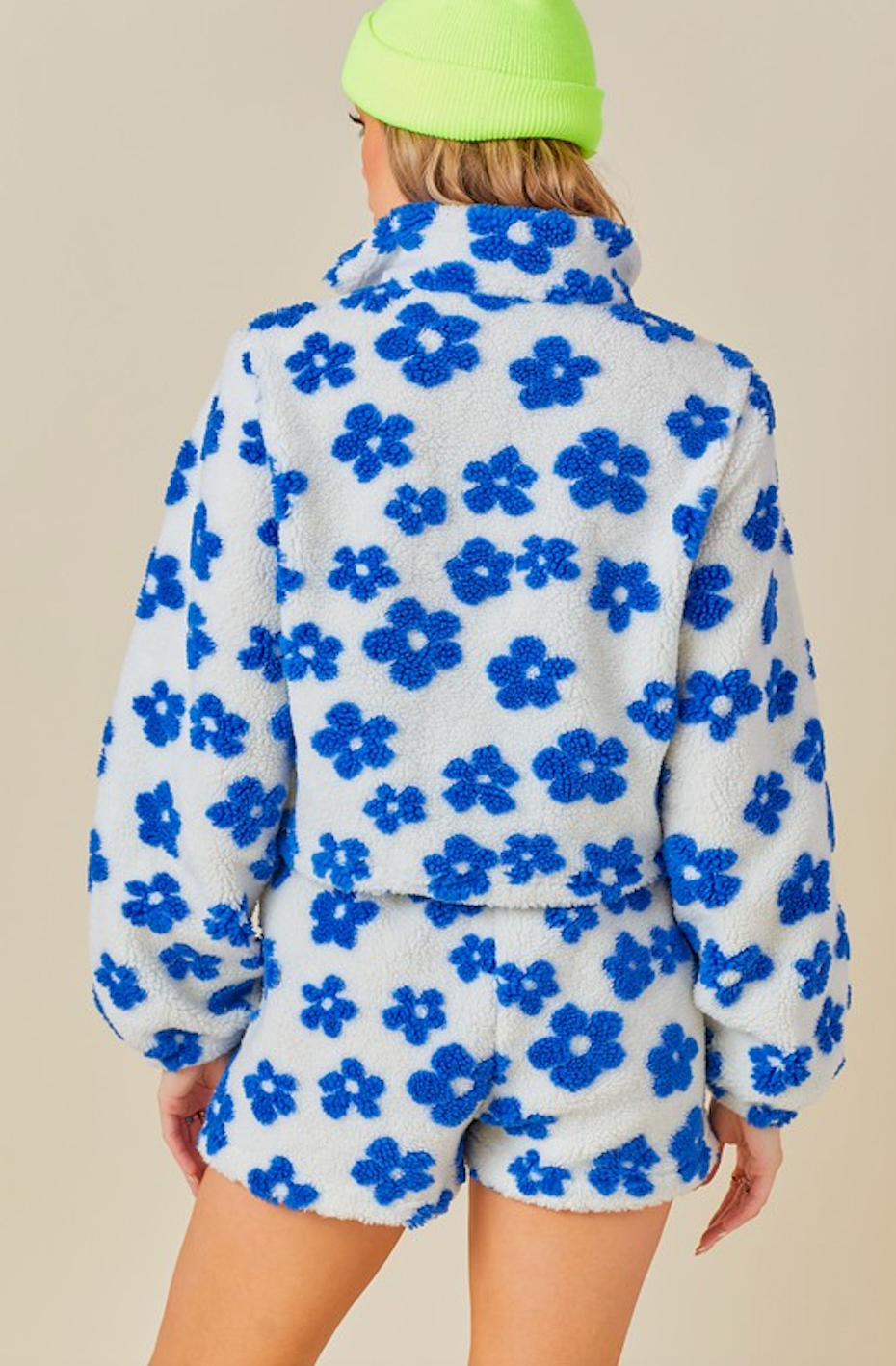 JOYCE HALF ZIP CROPPED SHERPA TOP IN BLUE